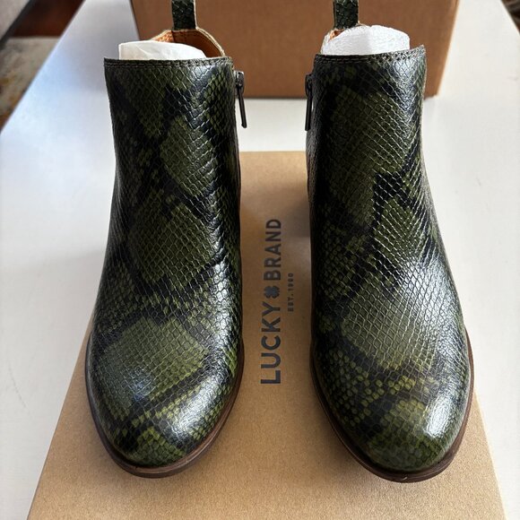 New in Box Lucky Brand Basel Ankle Boot Green Snake 7.5 - Picture 3 of 6